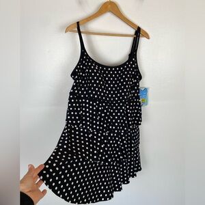 Inches Away Women's Swimsuit Size 16 Polka Dot Black & White Layered Swim Dress